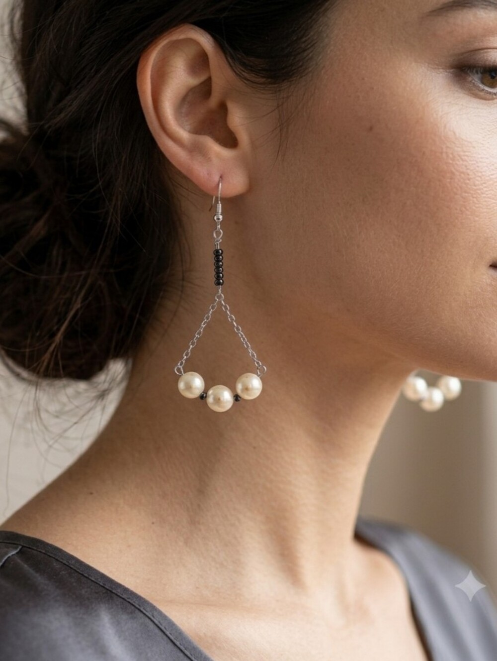 Handcrafted Faux Pearl & Black Glass Seed Bead Geometric Dangle Earrings